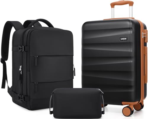 UKEIN Luggage Set with Backpack,Hardshell Carry On Luggage Airline Approved | 20inch Suitcase Set with 360° Smooth Spinner Wheels,TSA Lock,YKK Zippers,Lightweight 3 Piece,Polycarbonate - color: Black, size: Carry On 3 Piece Set (20inch)