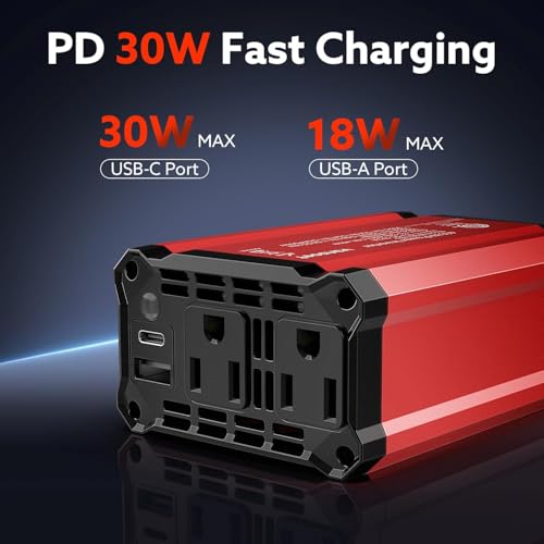 400W Power Inverter DC 12V to AC 110V Car Adapter | PD 30W USB C, QC 18W USB-A Fast Charging Ports, 2 AC Outlets, Car Charger Plug Adapter Outlet for Laptop, Phone, Road Trip - color: Red