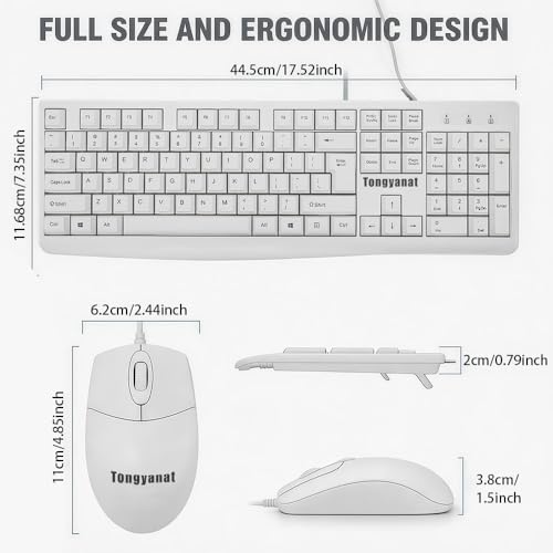 Tongyangat Wired Keyboard and Mouse Combo, Full-Size USB Keyboard with Numeric Keypad, Ergonomic Wired Mouse, Plug & Play, Compatible with Windows, Mac, Laptop, Desktop, Computer (White) - color: T907-White