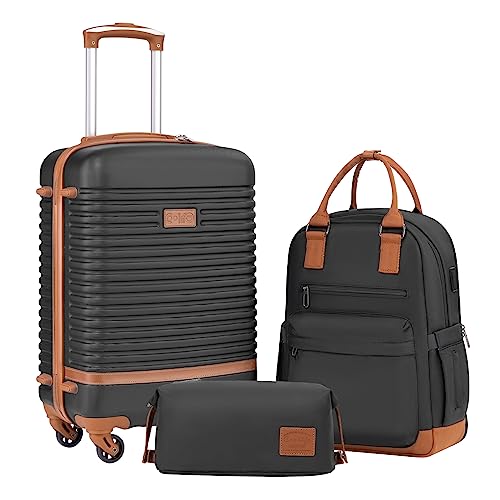 Coolife Suitcase Set 3 Piece Luggage Set Carry On Travel Luggage TSA Lock Spinner Wheels Hardshell Lightweight Luggage Set(Black, 3 piece set (BP/TB/20)) - color: Black, size: 3 piece set (BP/TB/20)