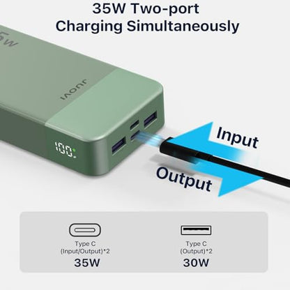 JUOVI J2651 Portable Charger, 35W 20000mAh USB C in & Out Power Bank, Battery Pack with QC4.0+PD3.0 35W High-Speed Charging for Bluetooth Earbud, Mobile Phone, Tablet (Green) - color: Green