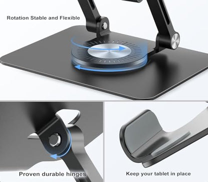 Orlian Tablet Stand Holder with 360° Rotating Base Dual Rod Aluminum Adjustable Tablet Stand for Desk Compatible with iPad Samsung Phone Kindle E-Reader and More, Black - color: Black