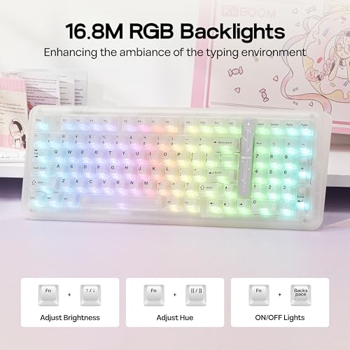 KiiBoom Phantom98 Lite 96% Wireless Mechanical Gaming Keyboard, VIA Programmable, Creamy Keyboard with Gasket, 8000mAh Battery, Hot Swap, RGB Backlits, NKRO for Win/Mac (Clear, Mochi Switch) - color: Clear, size: Mochi Switch