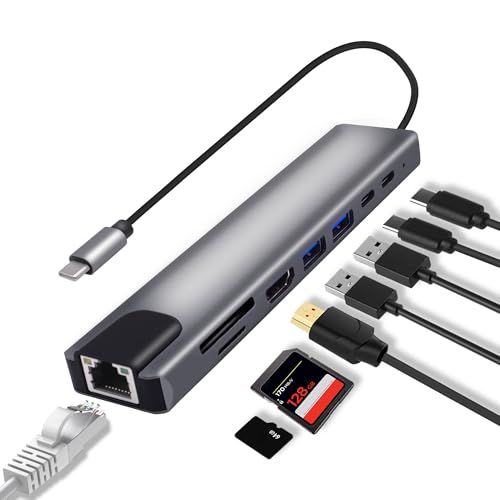 USB C Hub Type-C Docking Sation 8 in 1 Multiport Adapter | Type C to RJ45 Ethernet 87W PD Charging USB3.0 USB2.0 HDMI SD/TF Card Reader Type-C Data Ports for Laptops