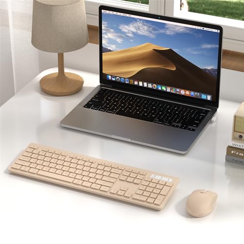MPTOG Wireless Keyboard and Mouse Combo, Full-Size 104-Key Office Keyboard with 15 Function Keys, Numeric Keypad, Single USB Receiver, Compatible with PC and Laptop(Milk-Tea Only) - color: Milk-Tea Only