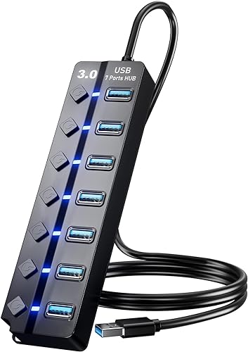 Eanetf 7-Port USB 3.0 Hub On/Off Switches 5Gbps for Laptop | 7-port USB 3.0 hub, Individual on/off switches with LEDs, 5Gbps high-speed data, 4ft cable, For laptop/PC/MacBook/PS5/HDD,