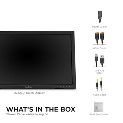 ViewSonic TD2423D 24 Inch 1080p Touch Screen Monitor, 10-Point Multi IR Touch for Retail POS and Kiosk, 7H Scratch-Resistant Glass, Eye Care, 100x100mm VESA Compatible, HDMI, VGA, DisplayPort, USB Hub - style: 24-Inch