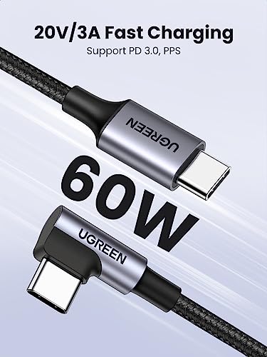 UGREEN 60W Right Angle USB C Cable, Fast Charging Cable, 3.3ft | 90° angled connector for gaming & bedside. For iPhone 17/16/15, MacBook, Galaxy S26/S25, iPad, Pixel, Switch - size: 3.3ft
