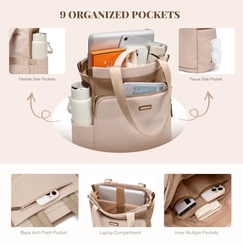 GOLF SUPAGS Convertible Laptop Backpack for Women Casual Daypack Notebook Tote Bag for Work College Travel Leisure (Nut Latte) - color: Nut Latte