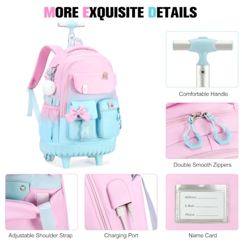 ACESAK Rolling Backpack for Girls - Roller Wheels School bag with Lunch Bag & Pencil Pouch for Teen Girls Kids Wheeled Suitcase Backpacks, Elementary Middle School Travel Daypack(Pink Blue) - color: Pink Blue