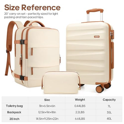 UKEIN Luggage Set with Backpack,Hardshell Carry On Luggage Airline Approved | 20inch Suitcase Set with 360° Smooth Spinner Wheels,TSA Lock,YKK Zippers,Lightweight 3 Piece,Polycarbonate - color: Beige, size: Carry On 3 Piece Set (20inch)