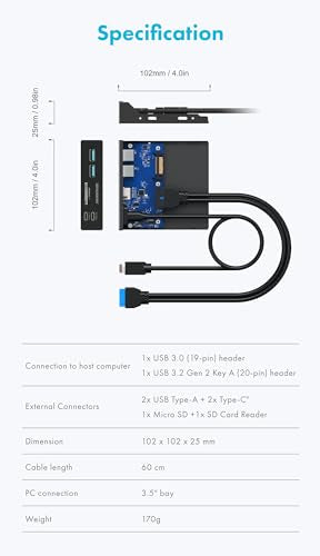 GRAUGEAR 3.5 Inch Front Panel USB C Hub, SD/microSD Internal Card Reader, 20Gbps USB 3.2 Gen 2x2, USB3.2 Type-E Key-A 20-Pin Header & USB3.0 Header & 15-Pin SATA Power Connection Required [G-MP01CR] - style: 6 Port
