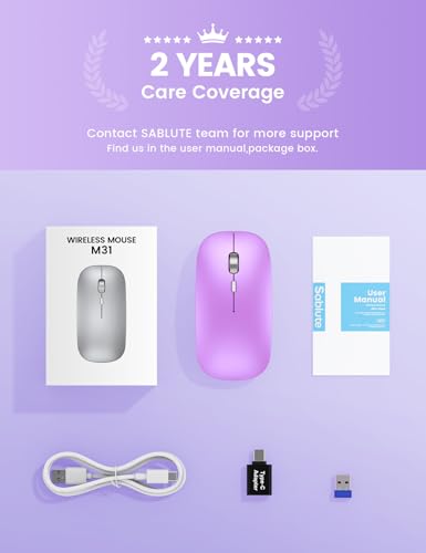 SABLUTE Bluetooth Mouse for Mac, Tri-Mode Silent Wireless Mouse, Orchid | Bluetooth 5.2 + 2.4GHz, Connect 3 Devices, Silent Click, USB-C Charging, 3 DPI Levels, MacBook, iPad & Windows Compatible - color: Orchid