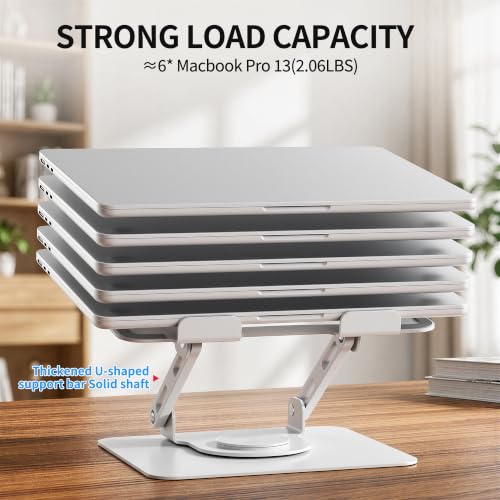 SOUNDANCE 360 Rotating Laptop Stand, Ergonomic Computer Riser for Desk, Adjustable Height Multi-Angle Metal Holder, Foldable Portable Notebook Elevating Base for Office & Home, White - color: White
