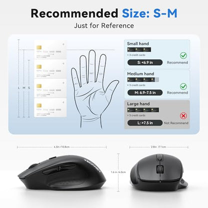 TECKNET Wireless Mouse for Laptop, Dual-Mode Bluetooth Wireless Mouse | (BT5.2/3.0 & 2.4G) Connection, Ergonomic Design, 5-Level DPI, Silent Click, Compatible with Laptop/PC/Windows/Chromebook - color: Black