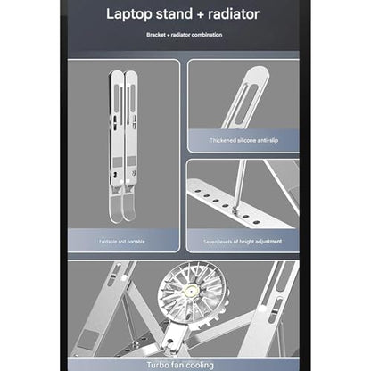Aluminum Laptop Stand with Cooling Fan 7 Heights Adjustable Foldable Ergonomic Computer Holder for Notebook and Tablets - color: Silver