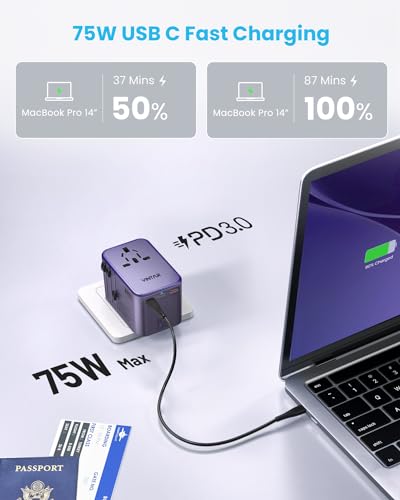 Universal Travel Adapter, VINTAR 75W GaN International Power Adapter with 3 USB C PD and 2 USB A QC, All in One Travel Essentials for UK/EU/USA/AUS, Travel Adapter Worldwide for Laptops Phones, Purple - color: 75W Purple