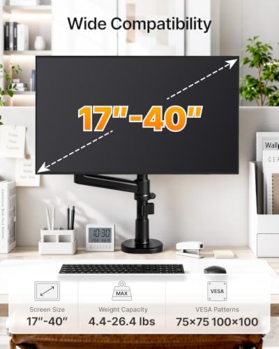 monTEK Tall Single Monitor Arm, 17–40" Full Motion Height Adjustable，Black | Heavy-duty Aluminum Single Mount for 17–40"Monitor Up to 26.4 Lbs,Mechanical Spring, 75/100 VESA with Full Motion Adjustment - size: Single Arm without USB