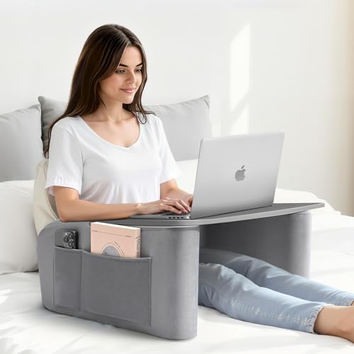 OPTIXCELL Wooden Lap Desk Pillow for Laptop with Arm Rests for Bed & Couch | Ergonomic Large 23.7" Surface, Sturdy 44 LBS Capacity, Side Pockets, for Reading, Writing, Working, Gaming, Eating, Watching