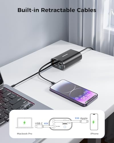 SUPERONE Retractable Charger, 104W GaN Desktop Charger, PD 65W for Laptop | 4 in 1 Compact Charging Station, Retractable USB C & Apple Cables, 5FT Extension Cord, Fast Charging for iPhone/Pixel/MacBook