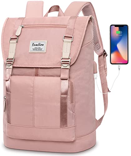 YAMTION Women Backpack Schoolbag for Teen Girls,College Student Bookbag for 17 Inch Laptop,Work Gym Computer Bags with USB Charging Port - color: Pink