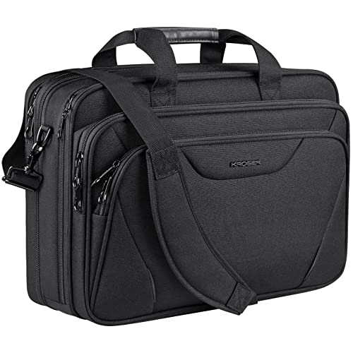KROSER 17.3 Inch Laptop Computer Briefcase, Water-Repellent Messenger Bag | Expandable design, padded laptop compartment,shoulder and luggage strap for business, travel, men and women-Black - color: Black