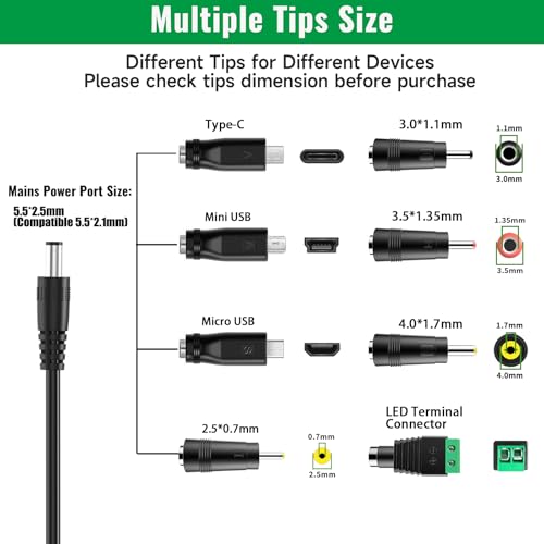 DC 5V Power Supply, 5Volt 3A 2A 1A Adapter, 100-240V AC to DC 5V Charger Cord, fit for 5 Volt 0.5a 500ma 1.0a 1000ma 1.5a 1500ma 2a 2000ma 2.5a 2500ma 3a 3000ma Electronic Devices with 8 Tips.