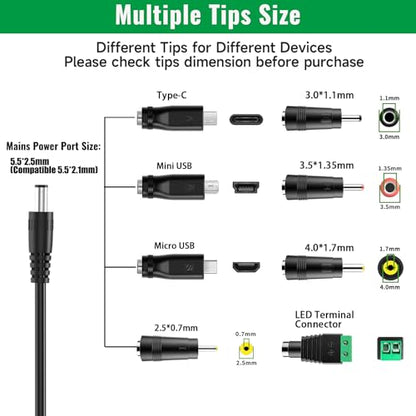 DC 5V Power Supply, 5Volt 3A 2A 1A Adapter, 100-240V AC to DC 5V Charger Cord, fit for 5 Volt 0.5a 500ma 1.0a 1000ma 1.5a 1500ma 2a 2000ma 2.5a 2500ma 3a 3000ma Electronic Devices with 8 Tips.