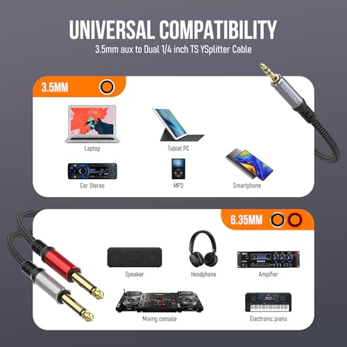 3.5mm 1/8 Stereo to Dual 1/4 TS Mono Y Splitter Audio Cable Adapter Compatible with iPhone, PC, Computer Sound Card, Mixer, Multimedia Speaker, Home Stereo System 30FT - size: 30ft