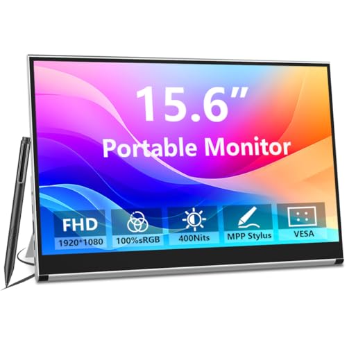 Portable Monitor Touchscreen 15.6 Inch External Display with MPP Stylus | IPS, FHD, 100% sRGB, 400 Nits, Built-in Stand, USB-C/HDMI/Mini DP for Laptop, PC, Mac, Surface, Console - size: 15.6“