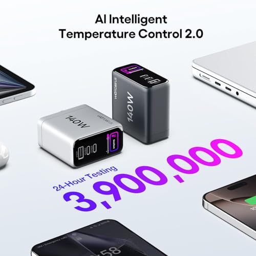 GaN Dual 140W USB C PD 3.1 Wall Charger with LED Display - PPS 100W 65W 45W 25W Type-C Laptop Power Adapter and Cable - Fit for MacBook Pro iPhone 17 16 15 iPad Galaxy S25 S24 Pixel - ETL