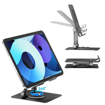 JUANWE Swivel iPad Stand for Desk, Aluminum Tablet Stand for Desk | 360 Rotating Base, Adjustable & Foldable iPad holder, Compatible with Tablets, Switch, Kindle, Phone