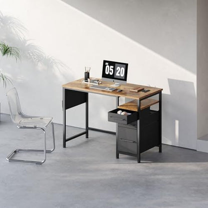 Ｍａｉｈａｉｌ Maihail Small Desk with Drawers, 40 inch Computer Desk with Shelves, Writing Desk with Storage, Small Office Desk with Metal Frame, Rustic Brown - color: Rustic Brown+black, size: 40 inch