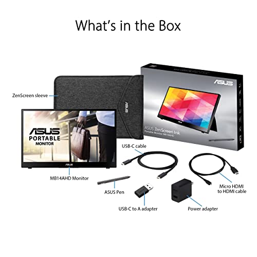 ASUS ZenScreen Ink 14” 1080P Portable Touchscreen Monitor (MB14AHD) - Full HD, IPS, 10-point touch, Stylus Pen (MPP 2.0), Eye Care, USB Type-C, Micro HDMI, Kickstand, Tripod Mountable, 3-Year Warranty - style: 14" Stylus Pen MPP 2.0 Touch Screen