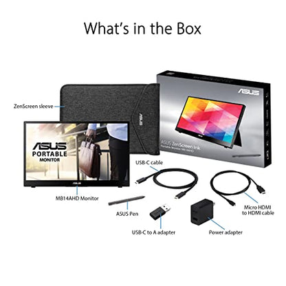 ASUS ZenScreen Ink 14” 1080P Portable Touchscreen Monitor (MB14AHD) - Full HD, IPS, 10-point touch, Stylus Pen (MPP 2.0), Eye Care, USB Type-C, Micro HDMI, Kickstand, Tripod Mountable, 3-Year Warranty - style: 14" Stylus Pen MPP 2.0 Touch Screen