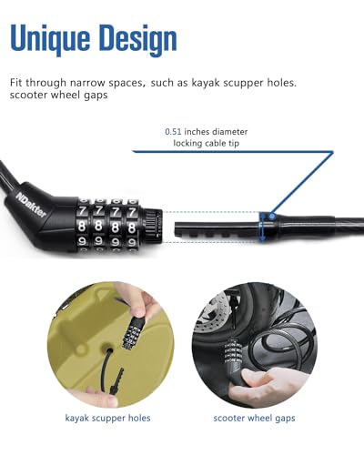 NDakte Bike Lock, Extra Long Straight Cable Lock (6FT, 12FT, 18FT, 22FT, 27ft) with Resettable Combination, Unique Narrow Designed for Kayaks, Scooters, Paddle Boards and Outdoor Gear - size: 22 Feet