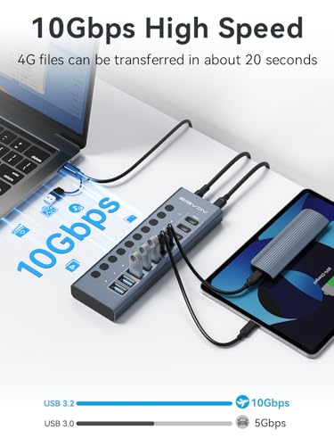 Powered USB 3.2 Hub, ACASIS 10 Ports USB 3.2 Hub(5 USB-A 3.2 Ports+5 USB-C 3.2 Ports), Aluminum USB Hub Powered with 48W Power Adapter, USB Hub for PC/Laptop, Computer, Flash Drive, Printer, Camera - size: 10 Ports