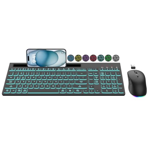 Wireless Keyboard and Mouse Combo, 7 Backlit Effects, Light Up Letters, Rechargeable, Phone Holder, 6 Button Mouse, Ergonomic Tilt Angle, 2.4GHz Silent USB Keyboard Mouse for Laptop, PC - color: Matte Black