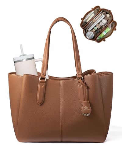 LOVEVOOK Laptop Tote Bag for Women 15.6 In Work Bags with Triple Compartments Large Faux Leather Computer Office Briefcase - color: Brown, size: 17.3 Inch