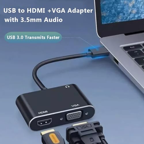 USB to HDMI VGA Adapter with 3.5mm Audio, Multi-Port Converter to HDMI for 2 Monitors, Compatible with Laptop, Dell XPS, HP, Lenovo, ChromeBook, PC, Windows 7-10