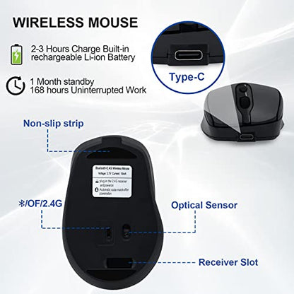 Rechargeable Wireless Mouse Bluetooth Silent for Laptop, iPad, MacBook, PC, Surface Pro, Lenovo, Samsung Tablet, Ergonomic Design (Black) - color: Black-1
