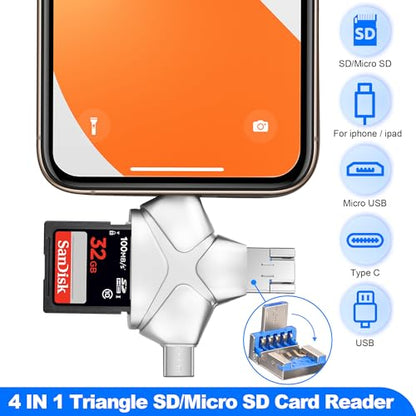 SD/Micro SD Card Reader for iPhone/iPad/Android/Mac/Computer/Camera, 4 in 1 Triangle Portable Memory Card Reader, Compatible with TF Cards&Trail Camera Viewer, Plug and Play, No App Required - color: Silver