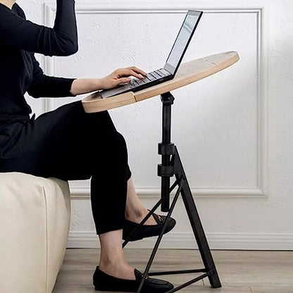 Coffee Table Height Adjustable Round Coffee Table, Small Coffee Snack Side Table with Tilting Board, Foldable Sofa Bedside Table Laptop Stand, with Wooden Table Top and Triangular Metal Legs