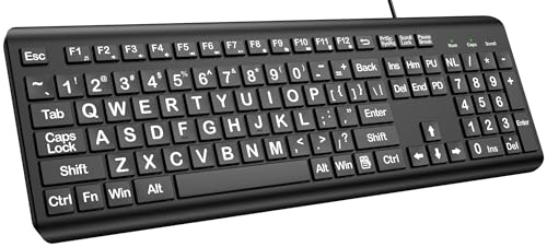 EDJO Large Print Computer Keyboard, Wired USB Full Size Quiet Keyboard with 4X Oversized Print Letters for Visually Impaired Low Vision Individuals Easy to See and Type for PC, Laptop,Windows - color: Black