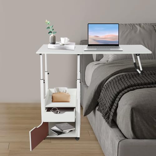 Overbed Table with Wheels, Movable Bedside Table Height Adjustable Over Bed Desk Foldable Rolling Laptop Desk with Drawers for Home & Hospital Use (White) - color: White