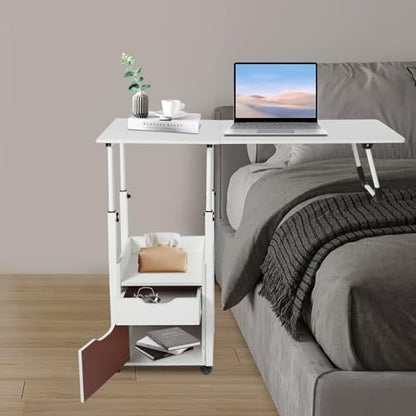 Overbed Table with Wheels, Movable Bedside Table Height Adjustable Over Bed Desk Foldable Rolling Laptop Desk with Drawers for Home & Hospital Use (White) - color: White