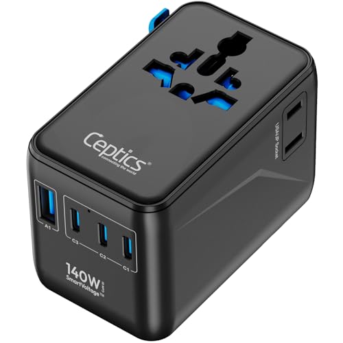 Ceptics 6 in 1 International Power Adapter with PD 140W USB-C, 1x USB-A, 3X Type C, Universal Input and 1x USA/JP Input with Type A, C, G, I Plug outlets for Global Travel – CE & RoHS Certified - color: Black/Blue