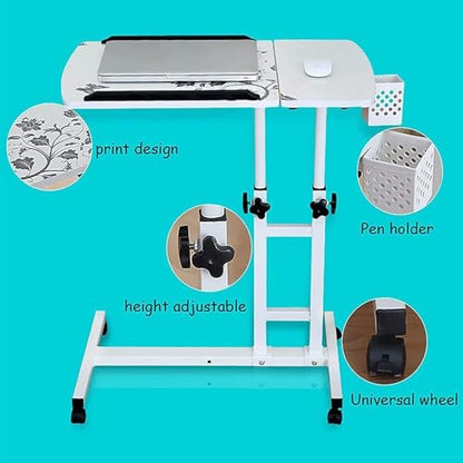 Tilting Overbed Table with Wheels, Height Adjustment Rolling Laptop Table Overbed Desk Hospital Tray Table Side Table for Hospital Home Use Sofa Bed, White(