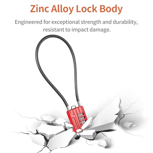 4-Digit Combination Cable Padlock with 12 inch (30 cm) Flexible Steel Cable, Small Lock for Locker,Luggage, Backpack,Cabinet,Gym Bag,Toolbox,Travel,Red,Black Rope (1, 20cm(8 inch Cable)) - size: 20cm(8 inch Cable)