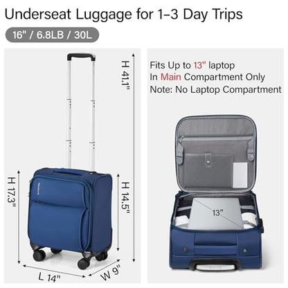 Hanke 16 Inch Underseat Carry On Luggage with Spinner Wheels Airline Approved, Small Rolling Suitcase Softside Underseater Lightweight TSA Travel Roller Suitcase Carry-On Bag(Blue) - color: Blue, size: 16 Inch Underseat